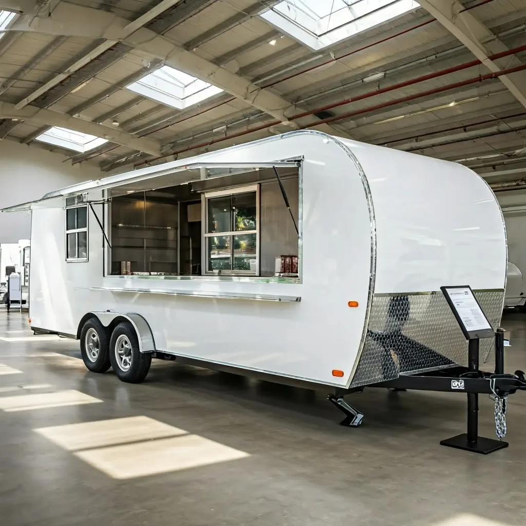 Standard-size concession trailer for sale with dual serving windows in showroom