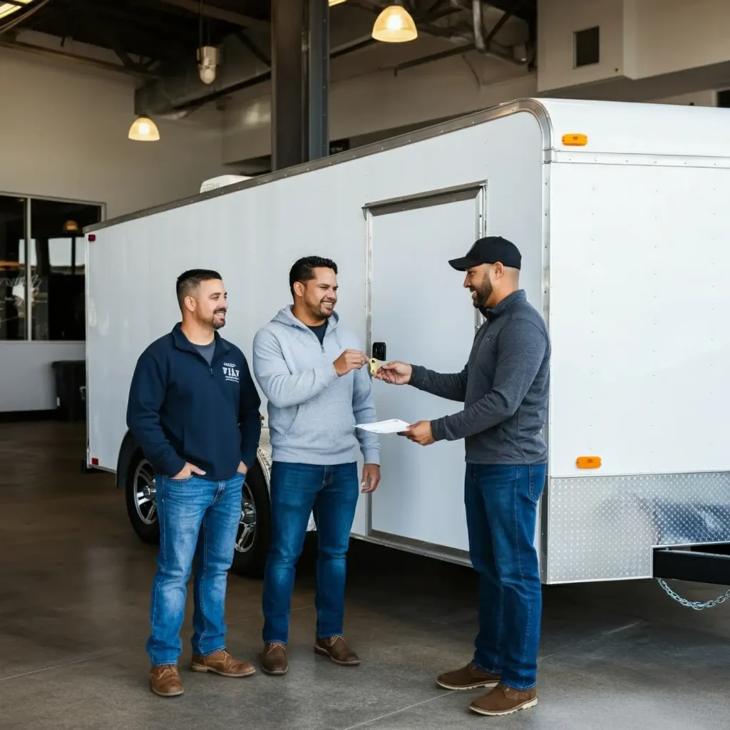 Food truck model handover at dealership showing purchase process completion