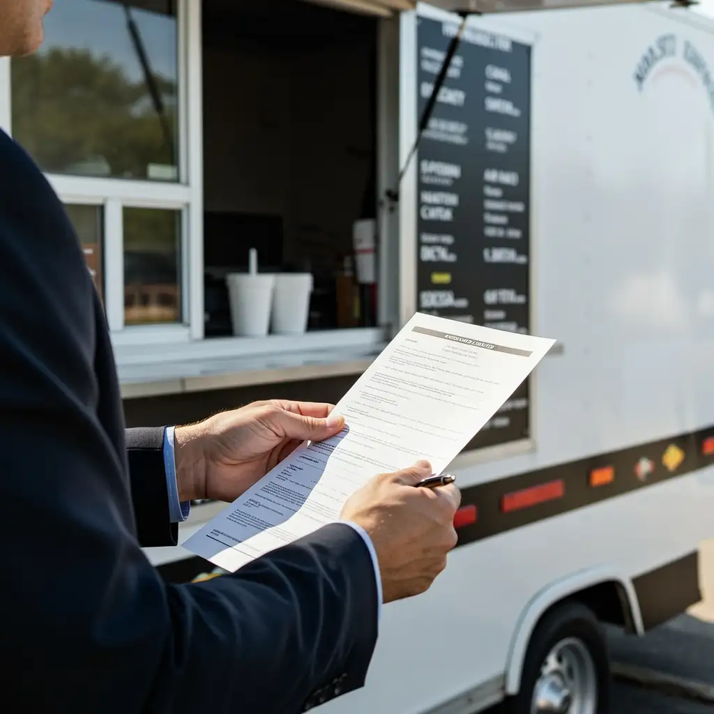 Food trailer insurance: man reviewing policy documents beside mobile food truck