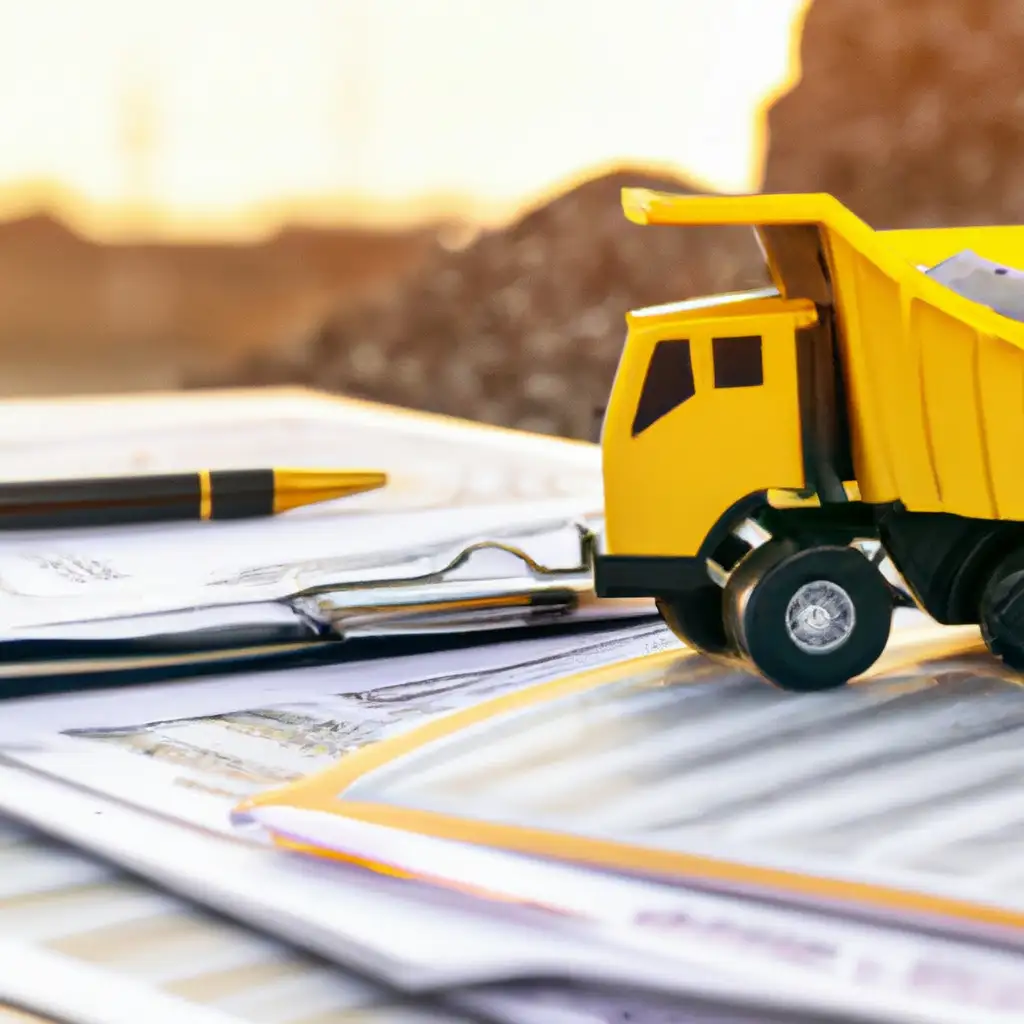 Yellow toy dump truck on financing paperwork showing loan application for commercial equipment