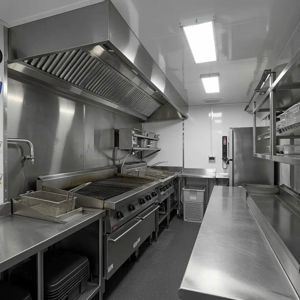 Professional food truck equipment with grill and prep stations for concession trailer