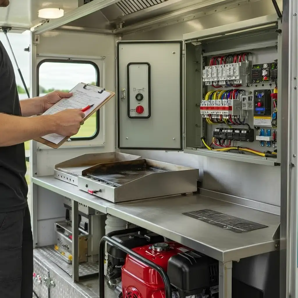 Food truck electrical requirements inspection with power panel and generator supply system