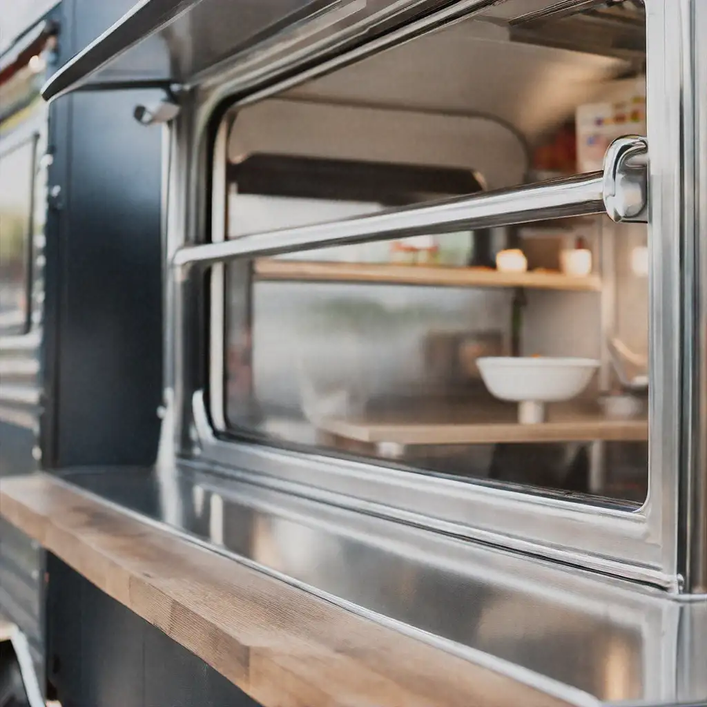 Food truck vs food trailer serving window with wooden counter for drivable operations