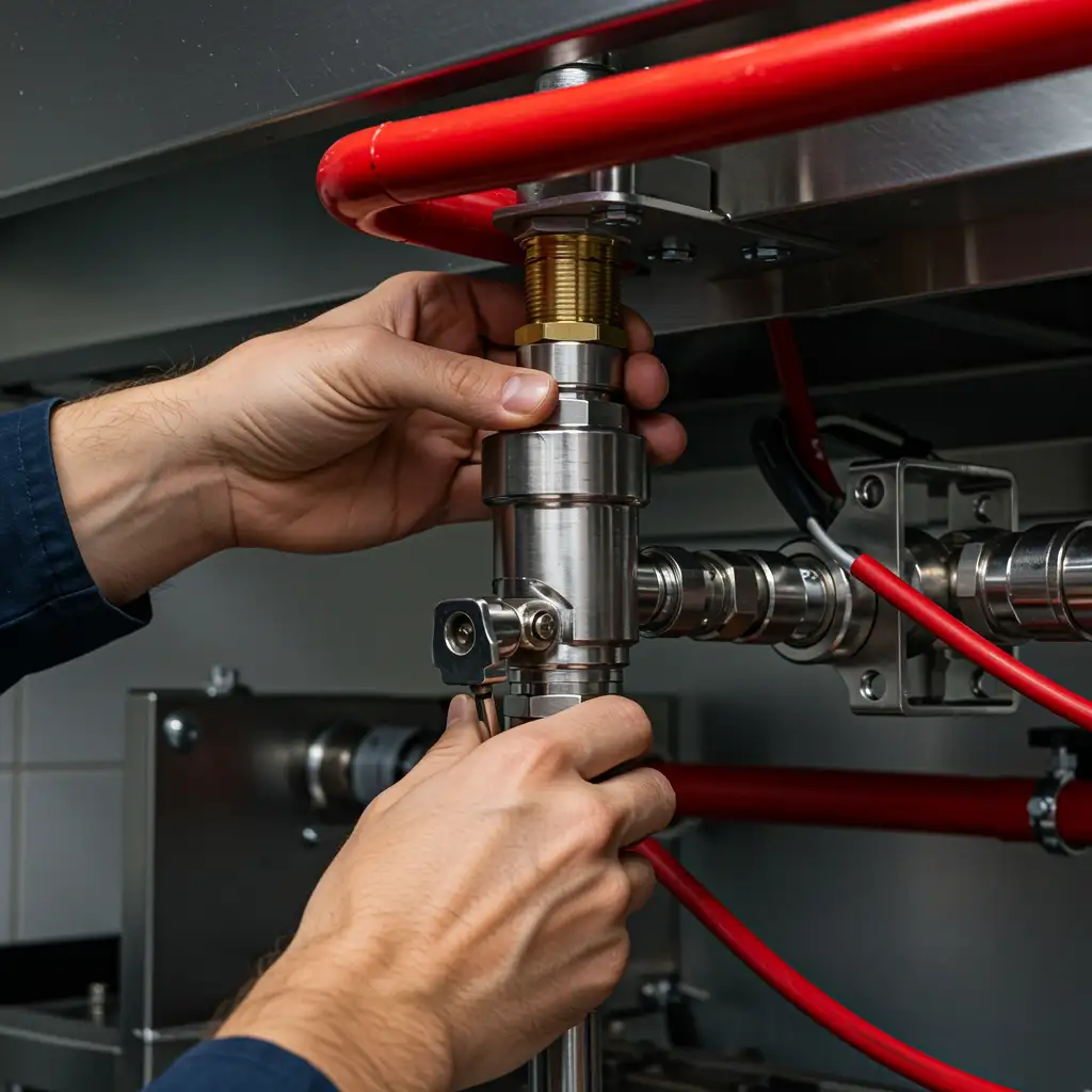 Installing food truck fire suppression system valve with professional safety equipment