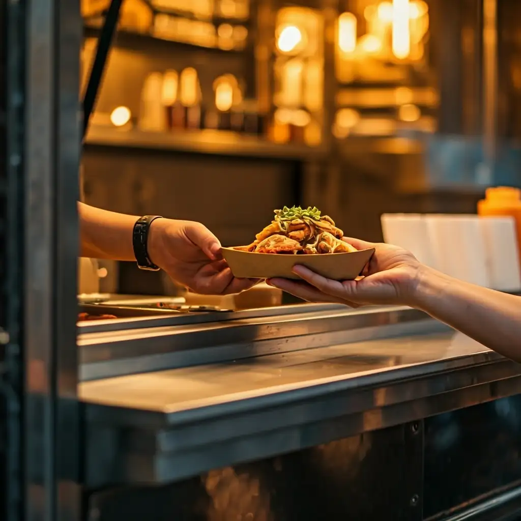 Food truck service window showing successful location for parking and customer service