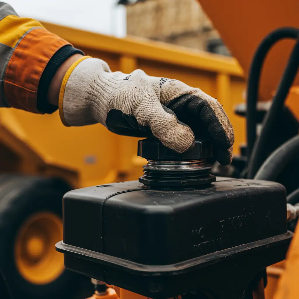 Worker operating dump trailer hydraulic motor control unit