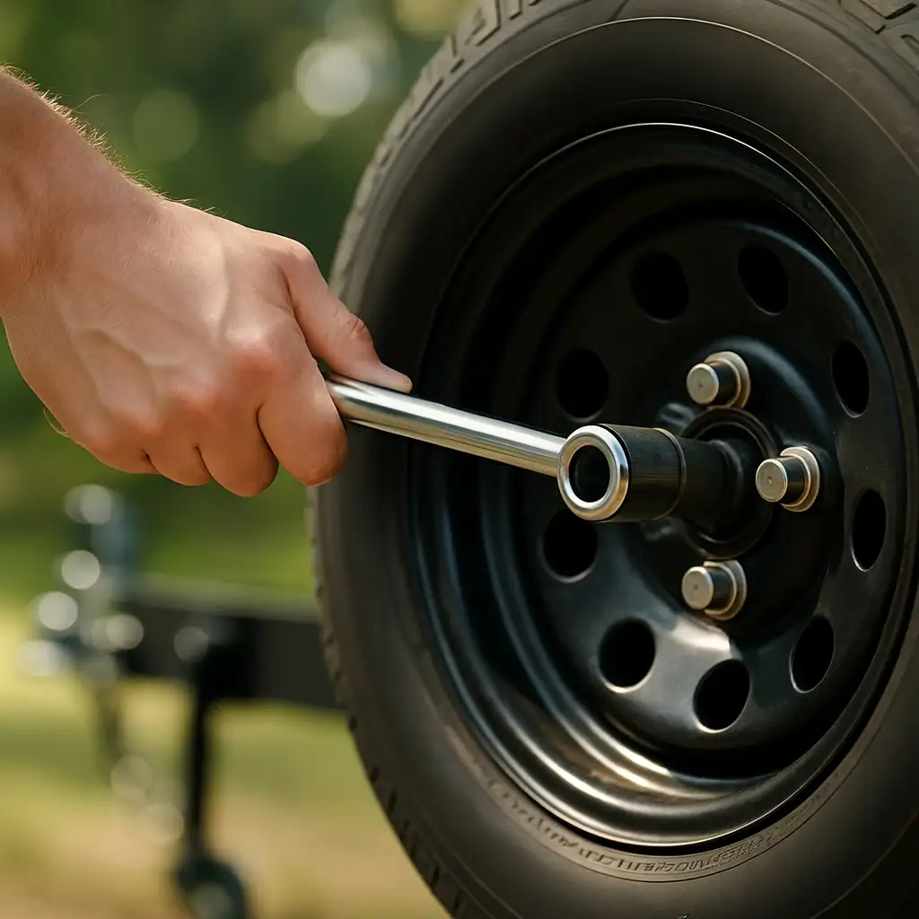 Hand using wrench on trailer tire for spare tire mount installation or maintenance