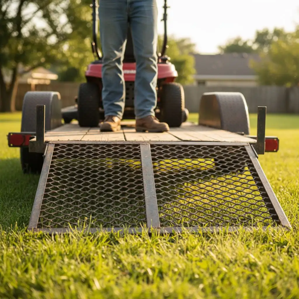 A person stands on a 5x8 utility trailer with a lawn mower, its ramp down on a green lawn.