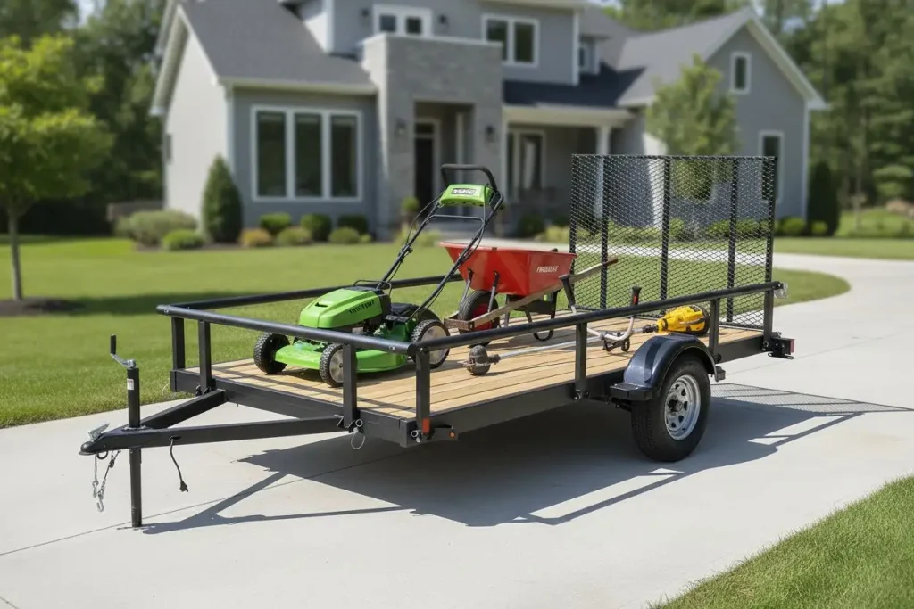 Black 6x12 utility trailer loaded with a lawn mower and wheelbarrow.