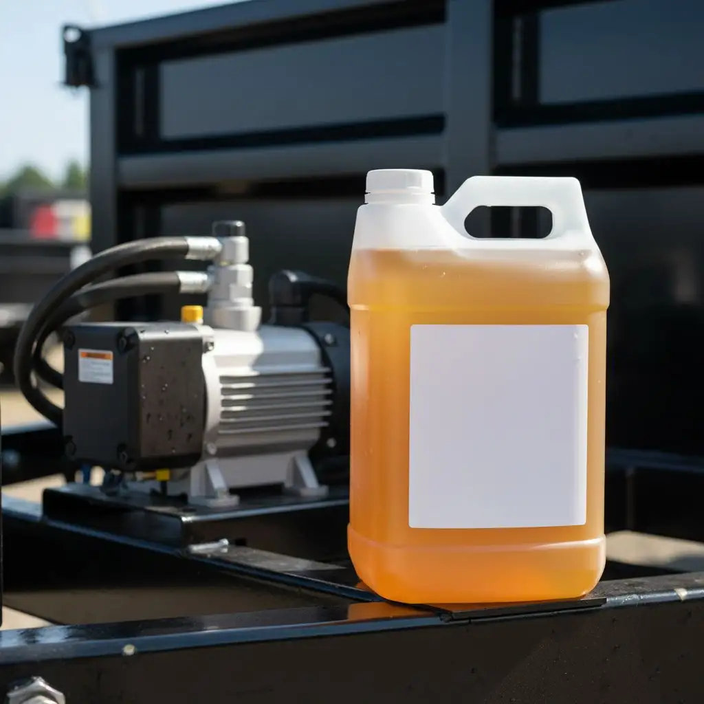 Jug of golden dump trailer hydraulic fluid next to the hydraulic pump.