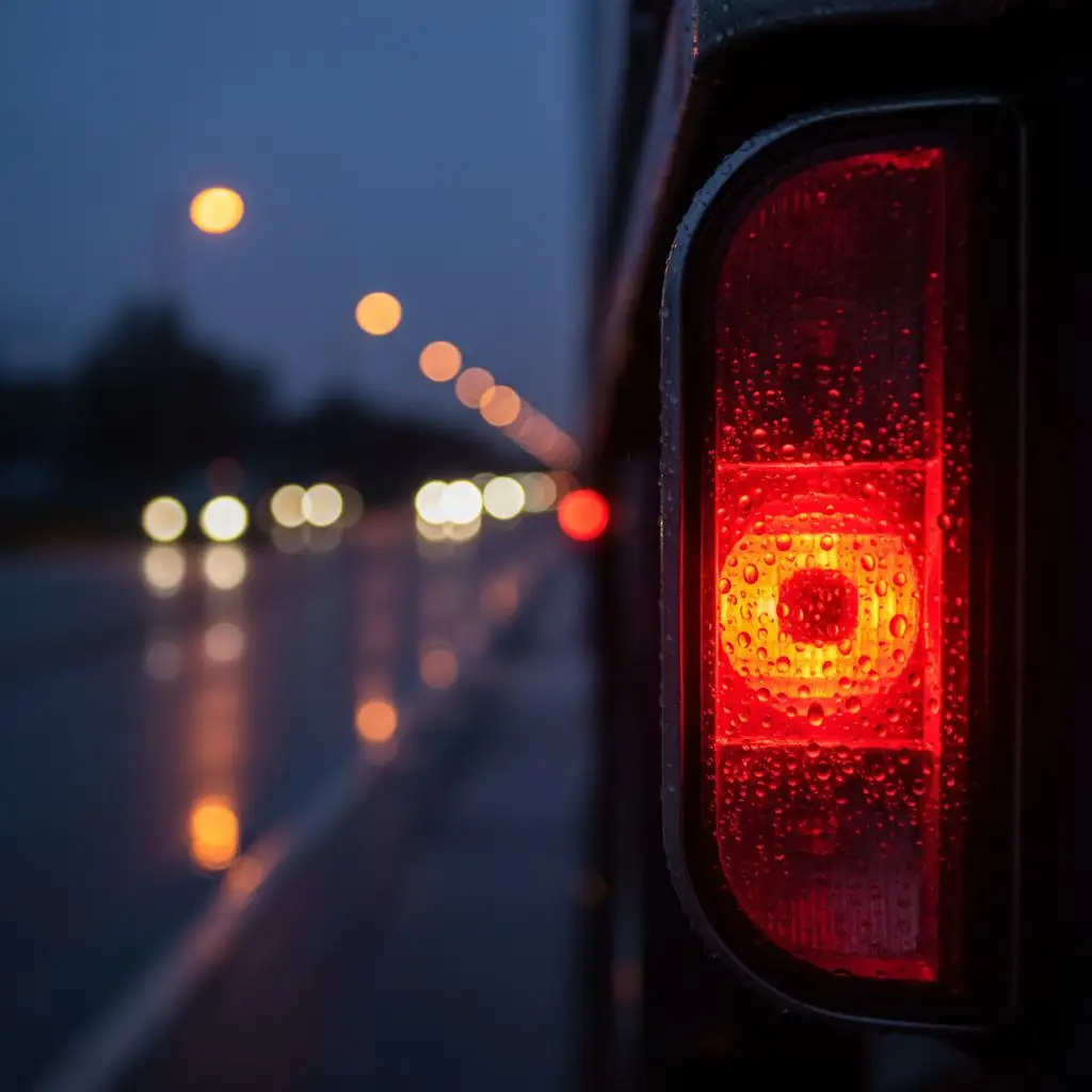 A close-up of glowing red lamps for a trailer, beaded with rain on a dark road at dusk.