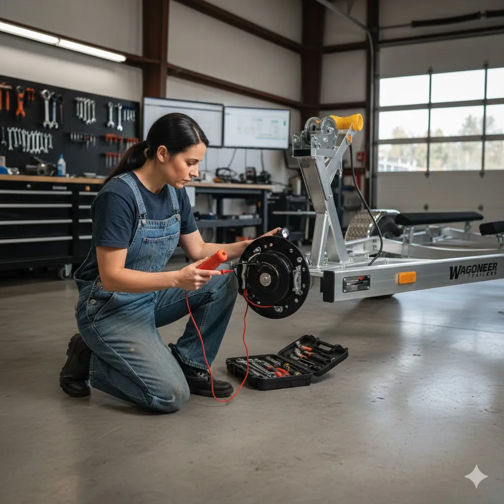 woman inspecting electric trailer brake at an auto shop