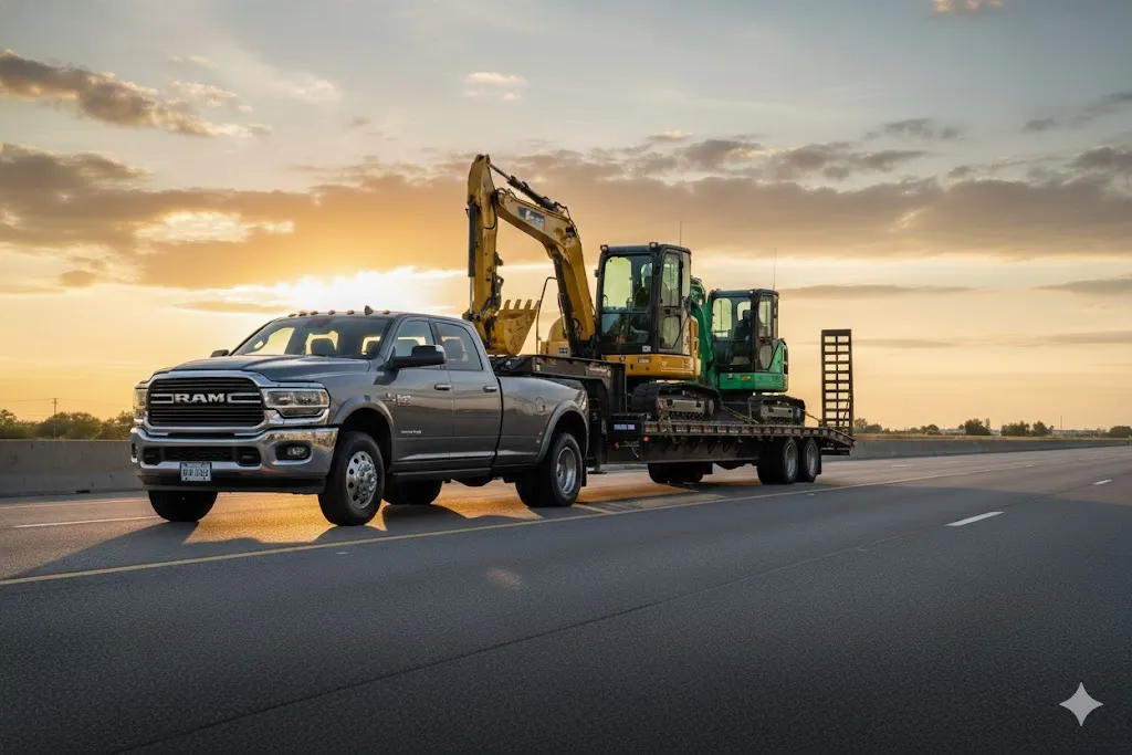 A silver Ram heavy-duty pickup truck towing a large gooseneck trailer loaded with two yellow and green excavators