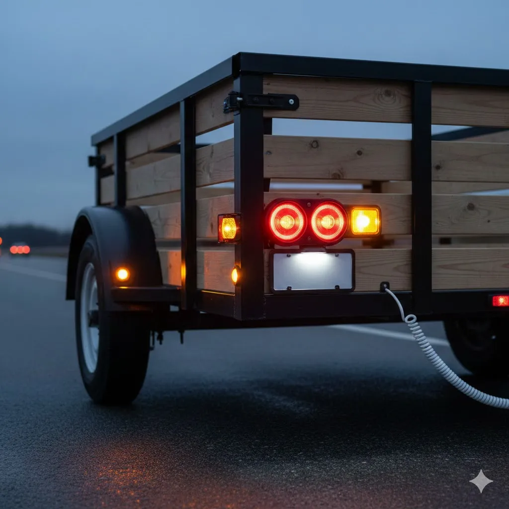 Rear view of a wooden utility trailer at dusk, showcasing DOT-compliant lighting including illuminated red tail lights, amber side markers, and a clear license plate light