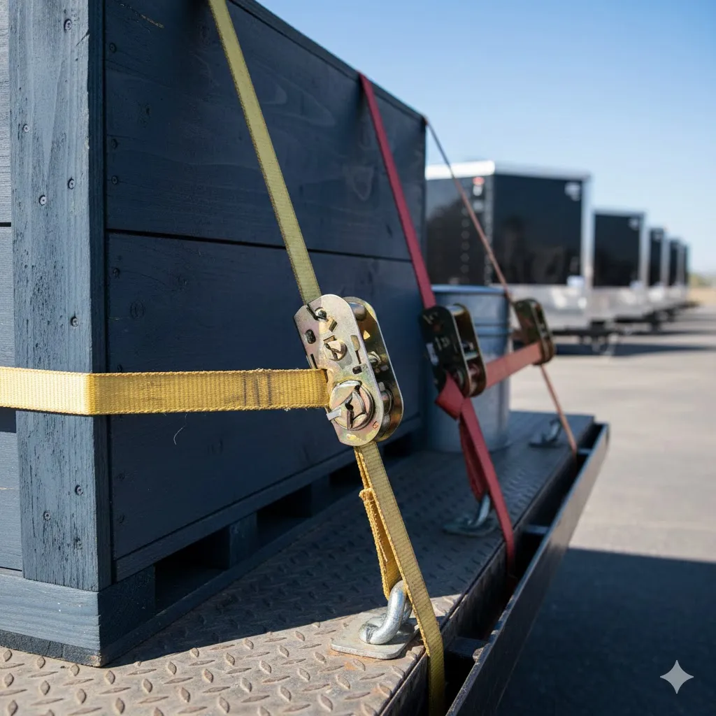 A close-up photograph of heavy-duty yellow and red ratchet straps securely tied down to a metal trailer bed, anchoring a large dark wooden crate.