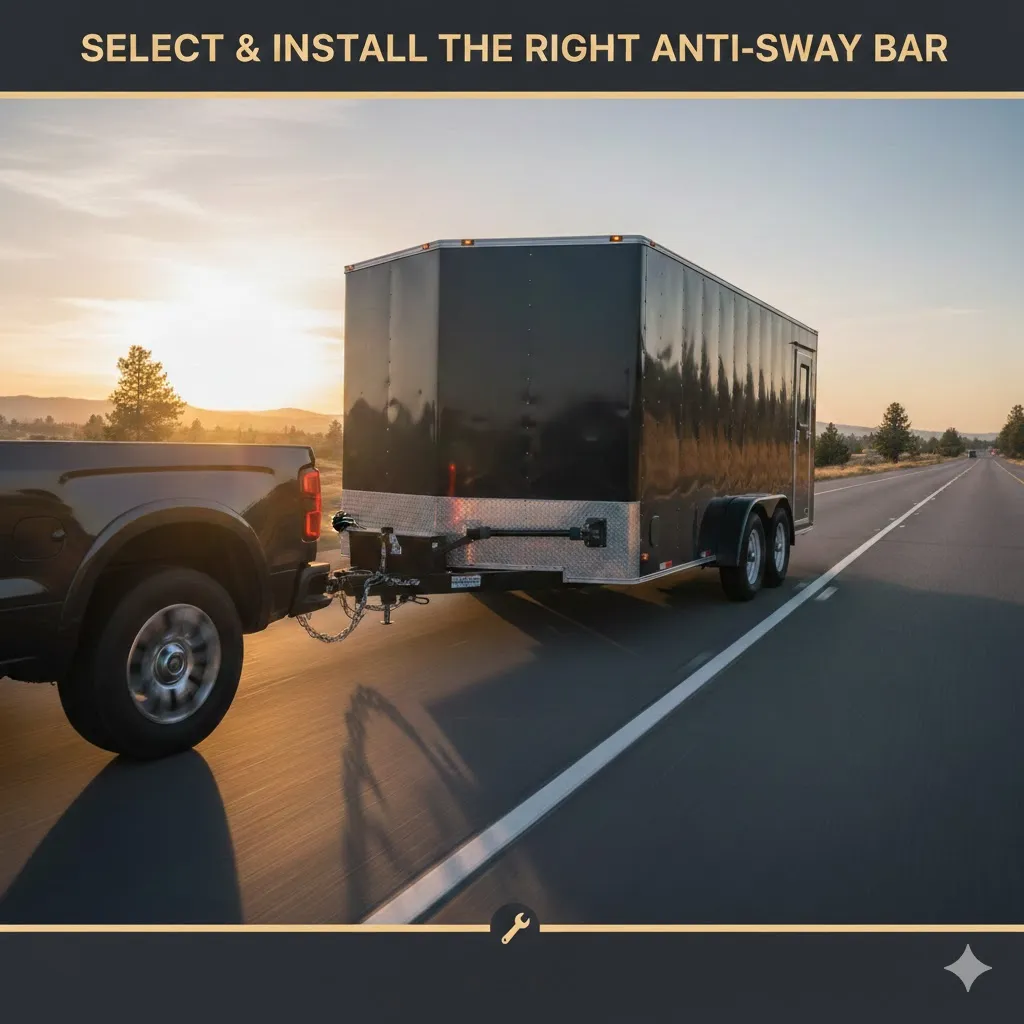 A black enclosed cargo trailer being towed by a pickup truck on a highway at sunset, with an anti-sway bar clearly visible on the trailer's tongue.