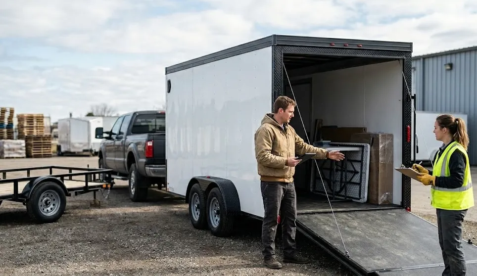 Two workers standing behind an open, white 7x20 enclosed cargo trailer in a commercial lot.