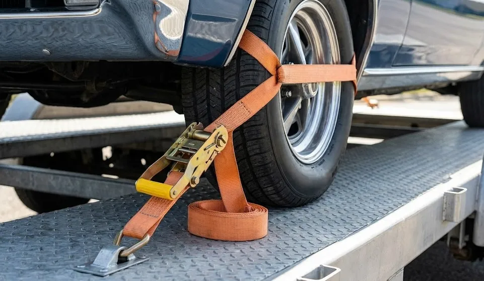 A close-up of a car tire secured to a metal trailer deck using a heavy-duty orange ratchet strap with a yellow handle.
