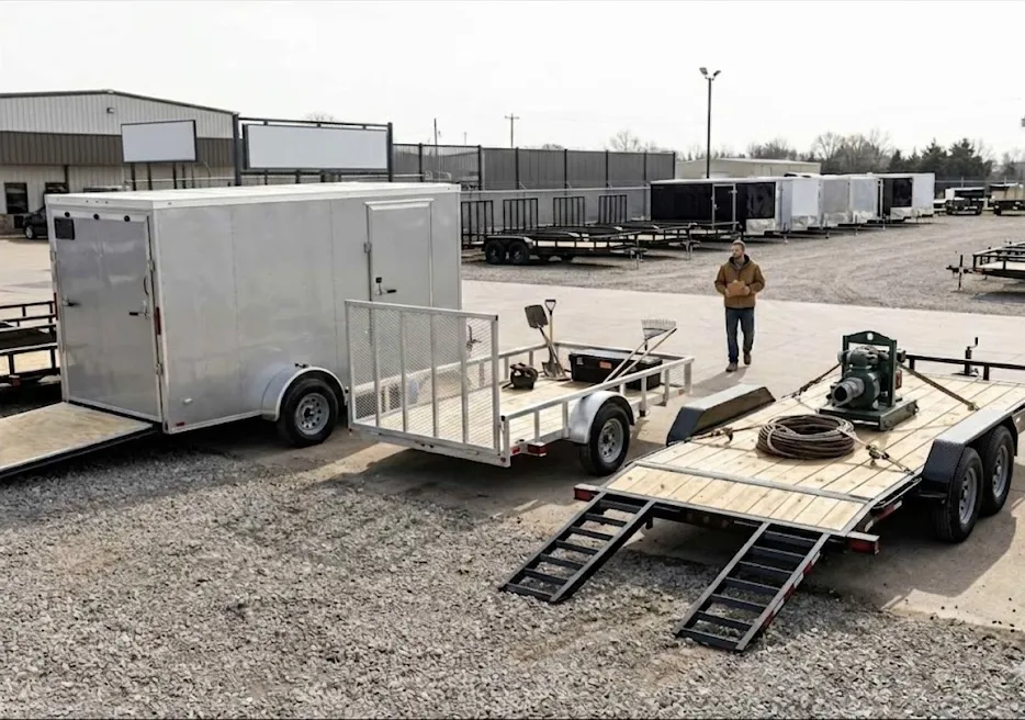 Three different types of trailers—an enclosed cargo trailer, a utility trailer, and a flatbed trailer—parked in a gravel lot