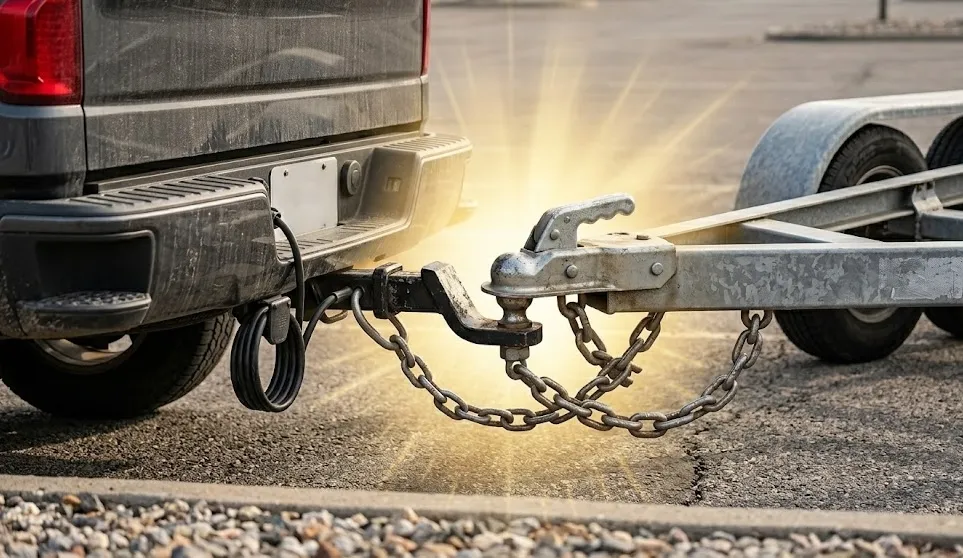 A grey truck and trailer connected at the hitch