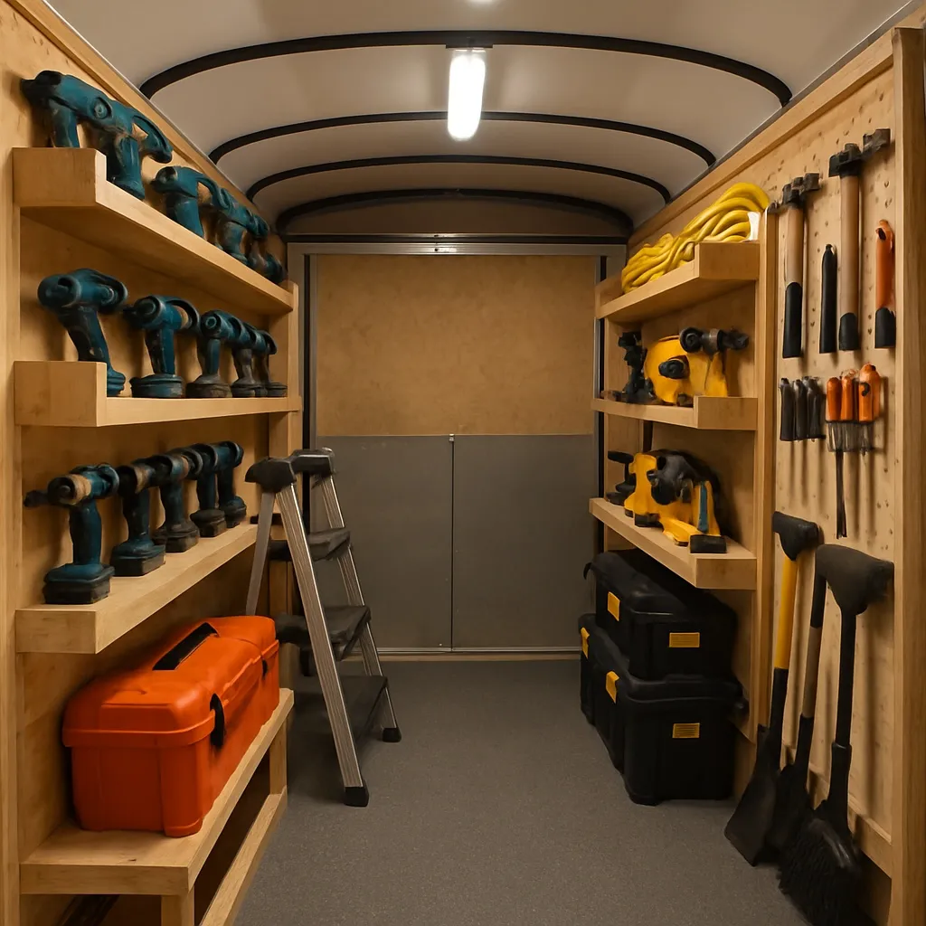 Interior of an organized enclosed trailer featuring custom wooden shelving filled with power tools and a wall rack for hand tools.