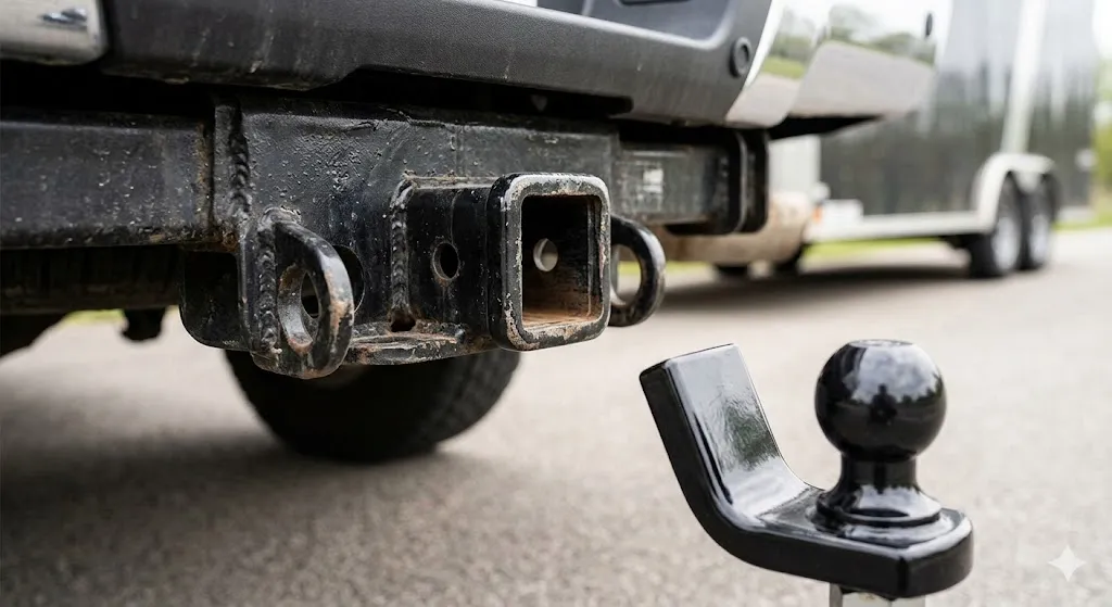 Close-up of a black metal trailer hitch receiver on a vehicle with a ball mount hitch sitting unattached nearby.