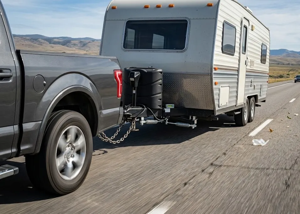 A dark grey pickup truck towing a white travel trailer on a multi-lane highway, with safety chains and a weight-distribution hitch visible between the vehicles.