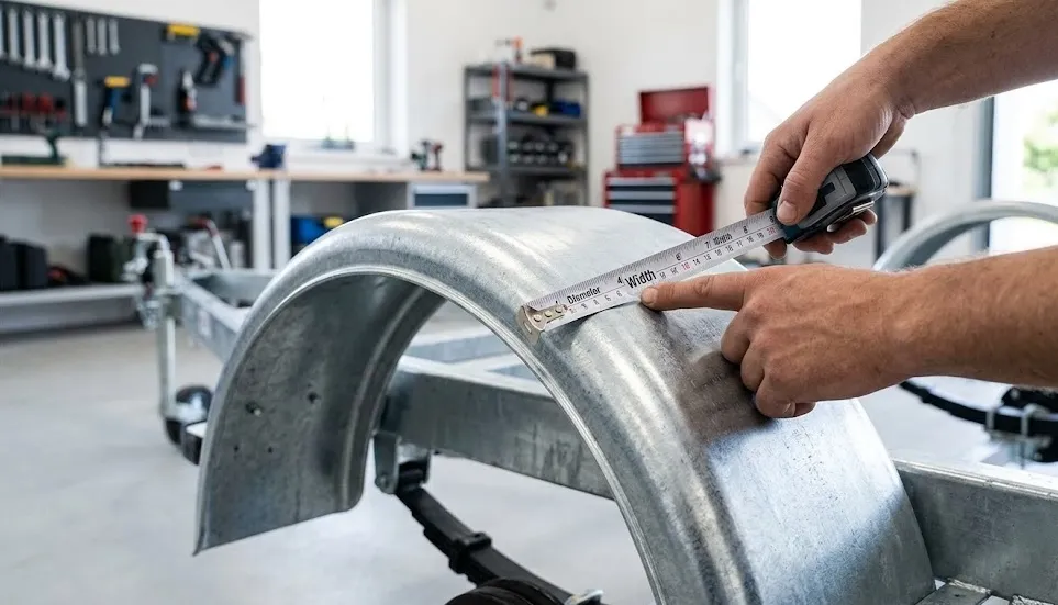 A person uses a tape measure to check the width of a galvanized steel trailer fender in a workshop