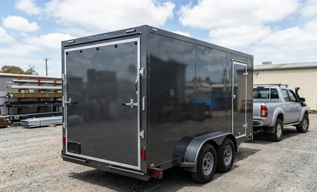 A gray, enclosed tandem-axle trailer parked on gravel, hitched to a silver pickup truck