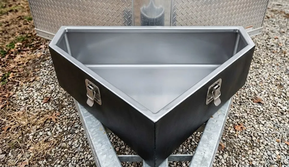 A V-nose trailer tongue box, shown with the lid open and empty, is mounted on the trailer's frame.