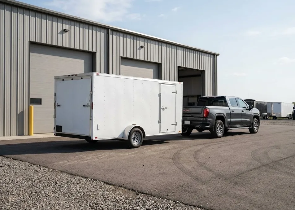 A white enclosed cargo trailer hitched to a grey pickup truck parked outside a commercial building.
