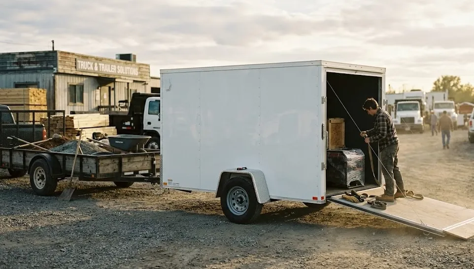 A man loads equipment into a white enclosed trailer with its ramp door down