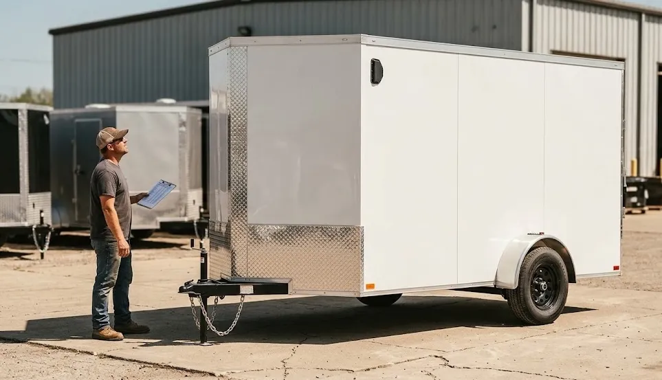 A man holding a clipboard looks at a white enclosed cargo trailer parked outside a building