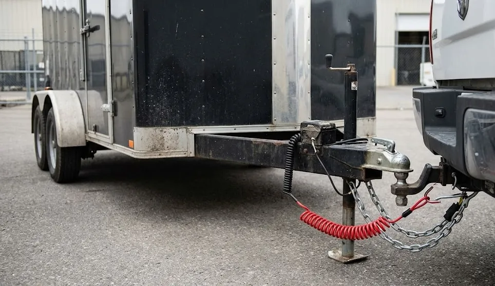 A close-up of a black cargo trailer hitched to the back of a truck, showing the hitch ball, safety chains, and a red coiled breakaway cable connected to the vehicle