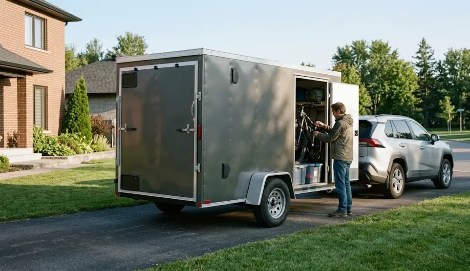 A man packing a bicycle into a small grey enclosed cargo trailer hitched to a silver SUV in a suburban driveway.