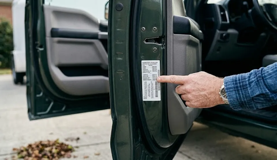 A person pointing to a vehicle specification sticker on the driver-side door jamb.