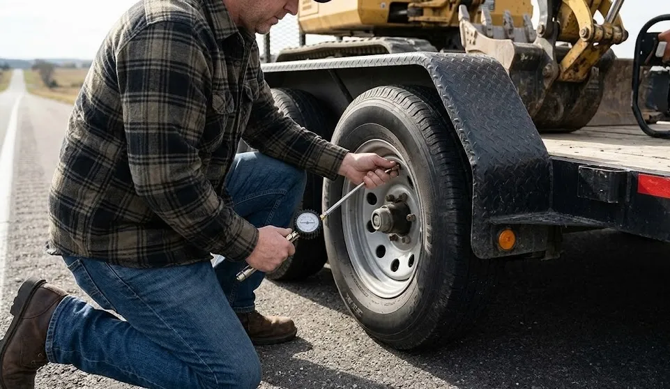 A man kneeling on a roadside to check the tire pressure of a loaded flatbed trailer using a hand gauge