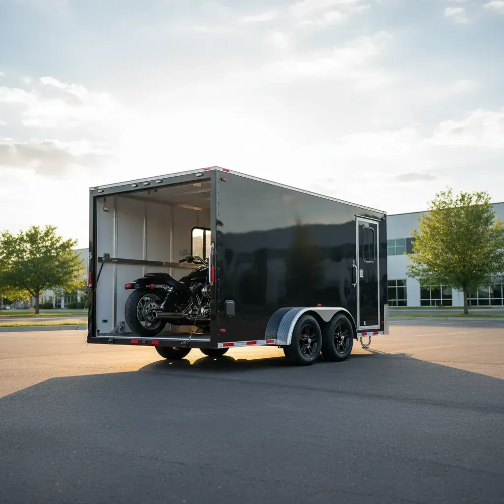 A black enclosed trailer parked with a motorcycle inside, set against a sunny backdrop.