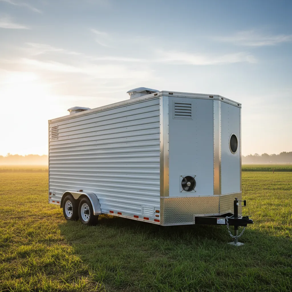Metal trailer with ventilation features parked in a grassy field at sunrise.