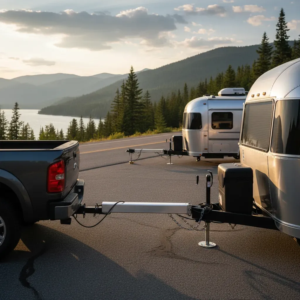 Two trailers parked near a scenic lake with mountains in the background during sunset.