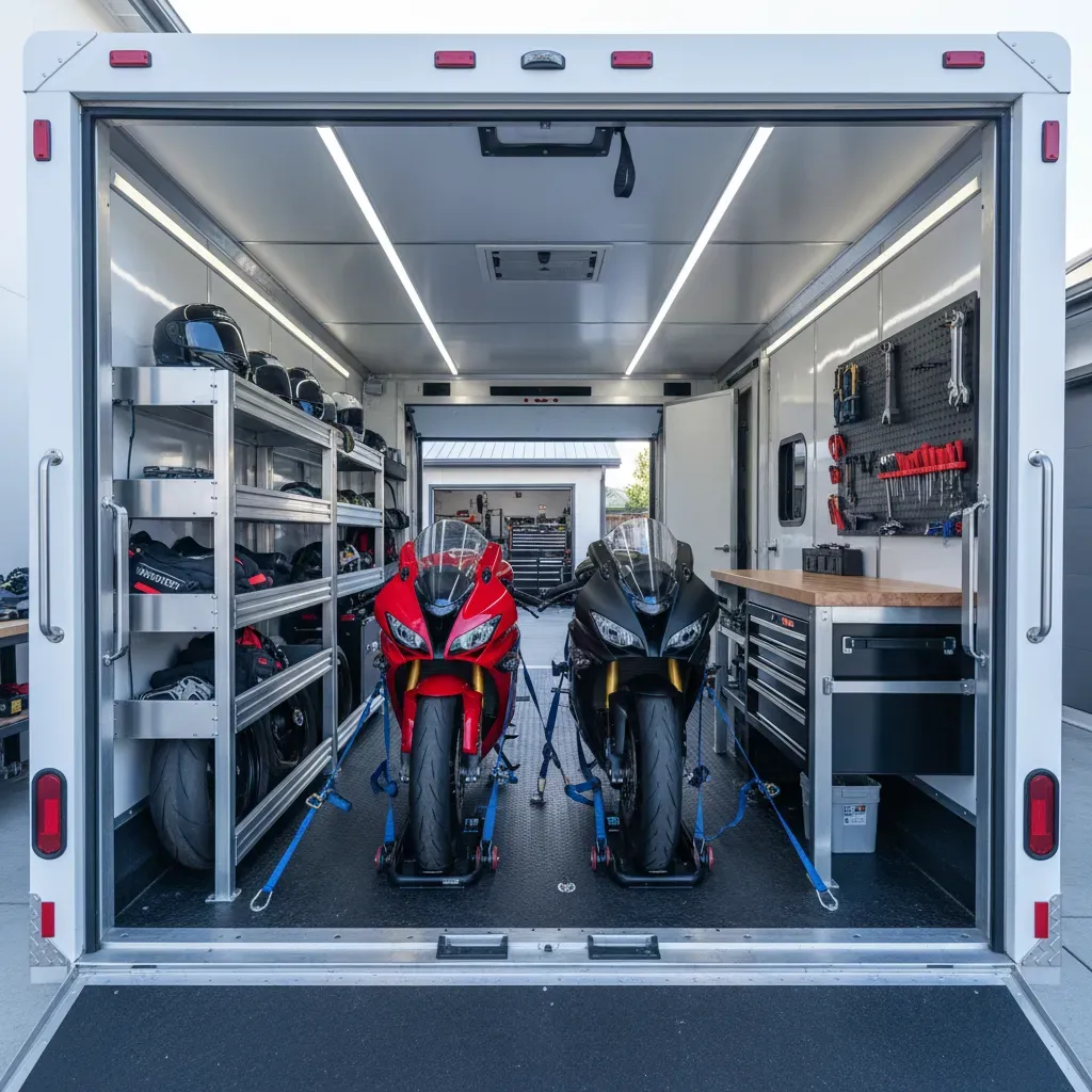 Two motorcycles secured inside an enclosed trailer with organized shelves and tools.