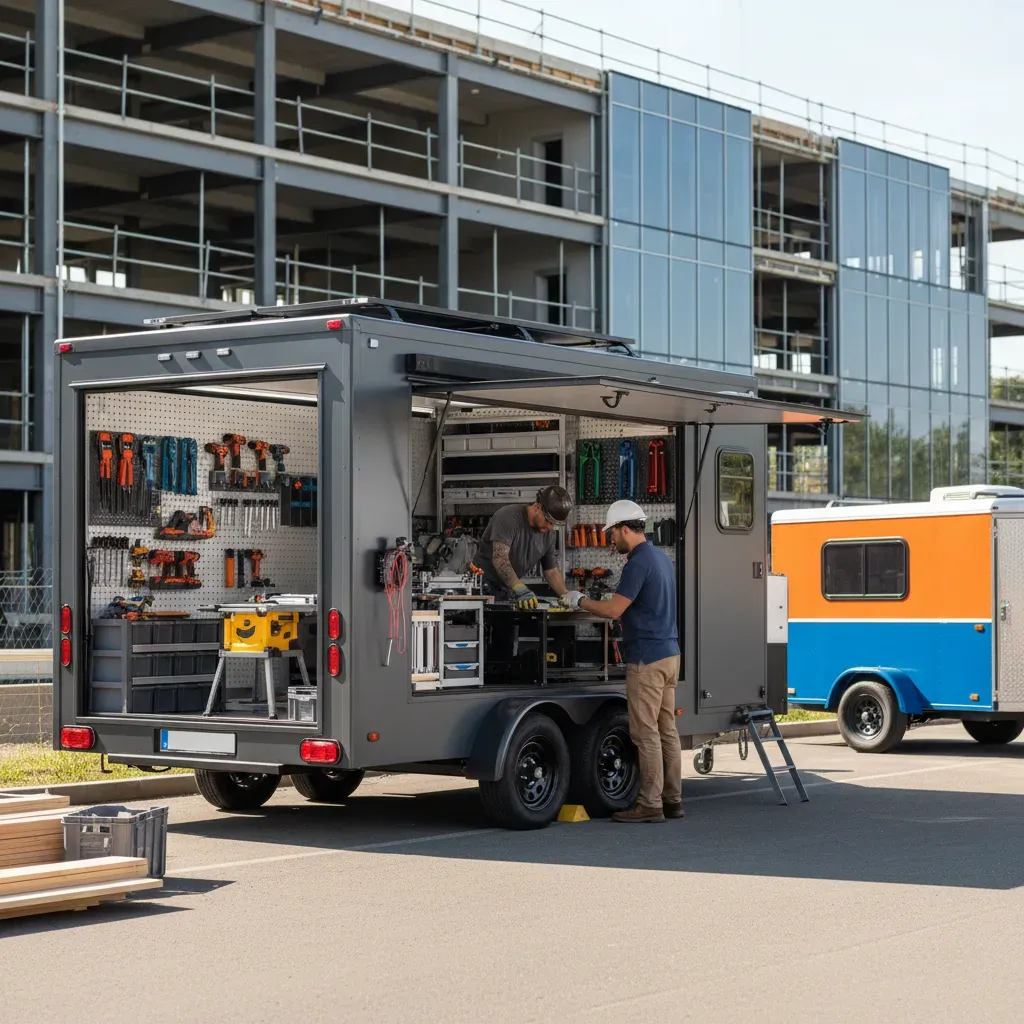 Two men working at a mobile workshop trailer filled with tools and equipment.