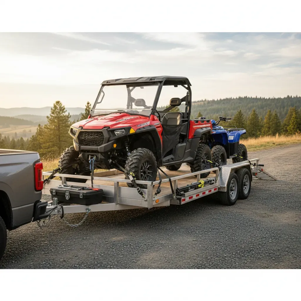 A red UTV and a blue ATV loaded on a trailer hitched to a truck, set against a scenic landscape.