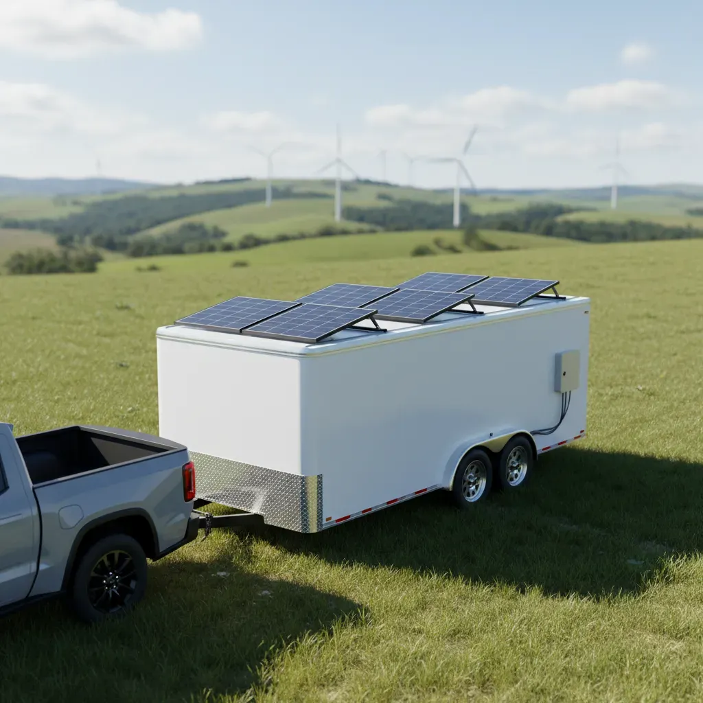 Enclosed trailer with solar panels parked in a green field near wind turbines.
