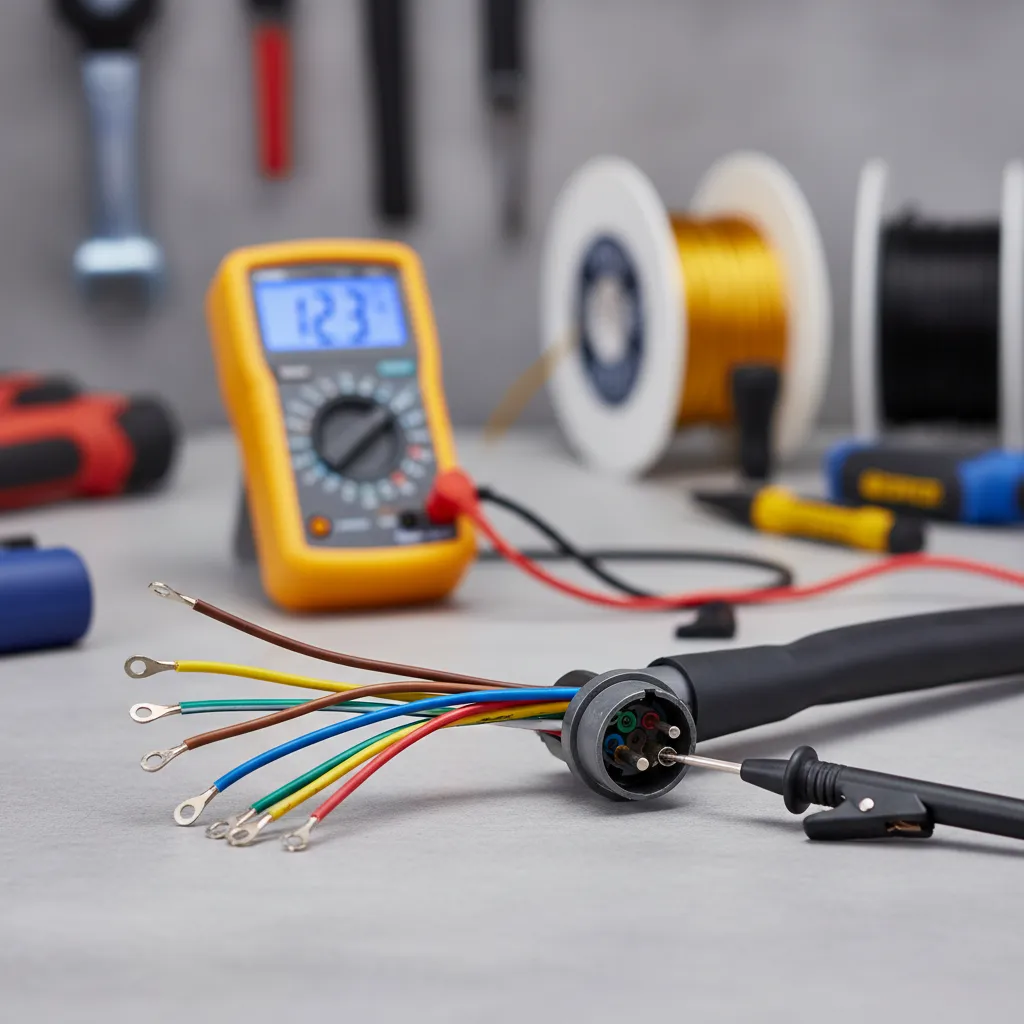 Close-up of a 7-pin trailer wiring harness with multicolored wires and a multimeter in the background.