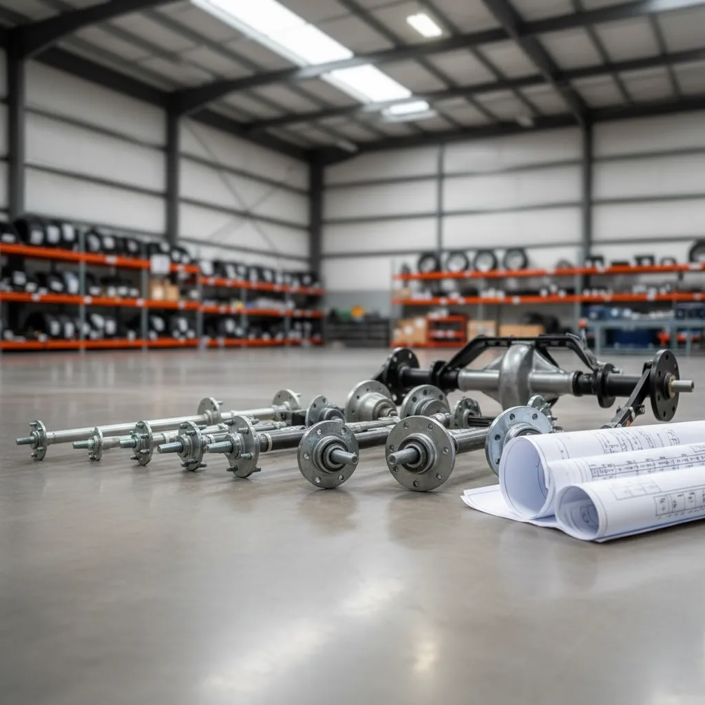 Various trailer axle components and blueprints on a warehouse floor.