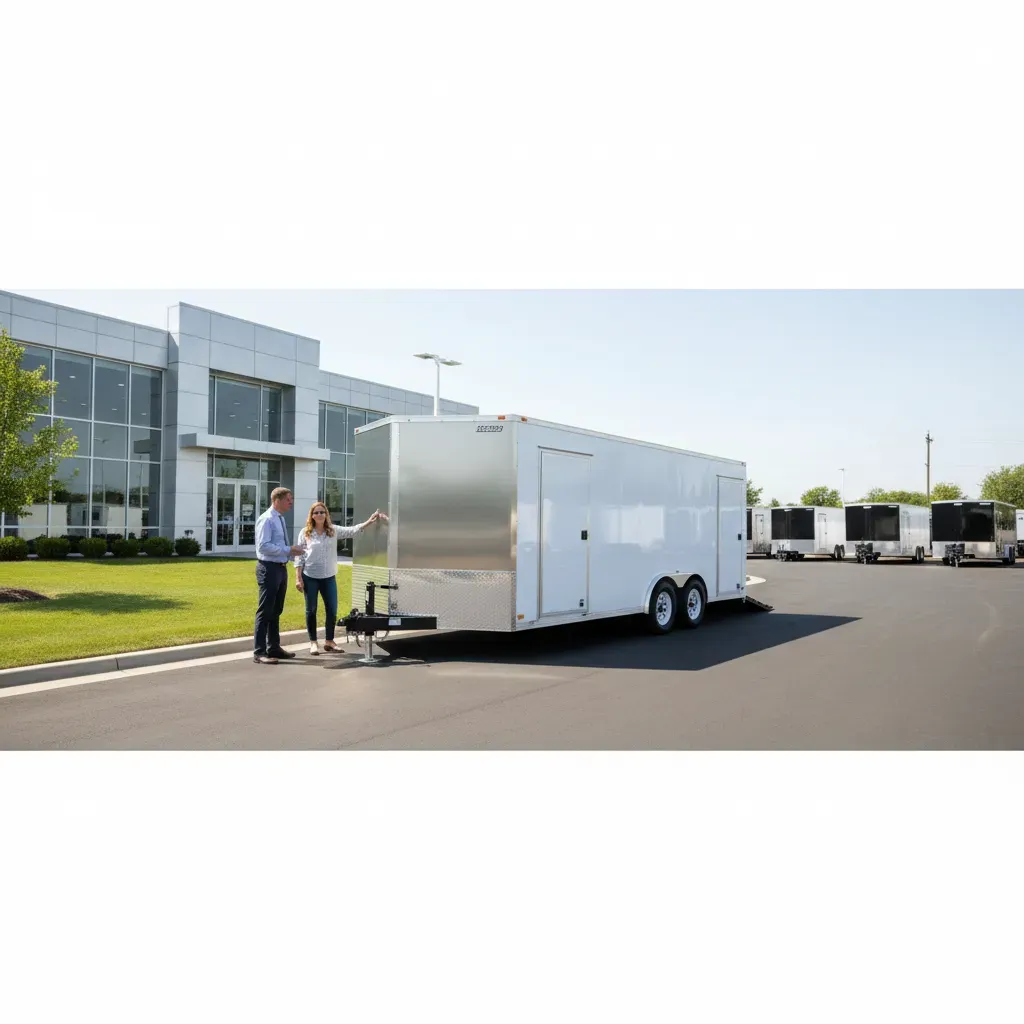 A couple examines a white enclosed trailer outside a dealership.
