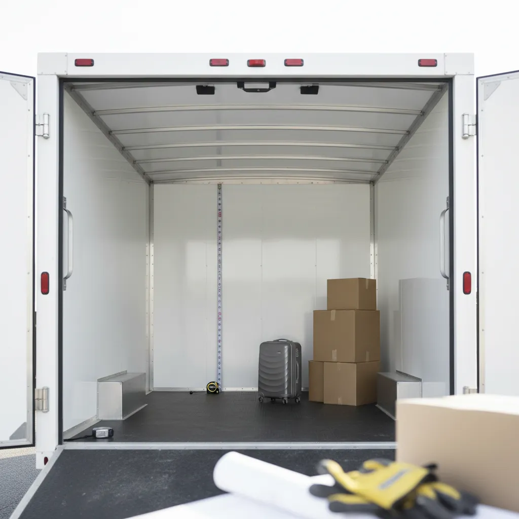 Empty trailer interior with boxes and a suitcase, measuring tape visible on the floor.