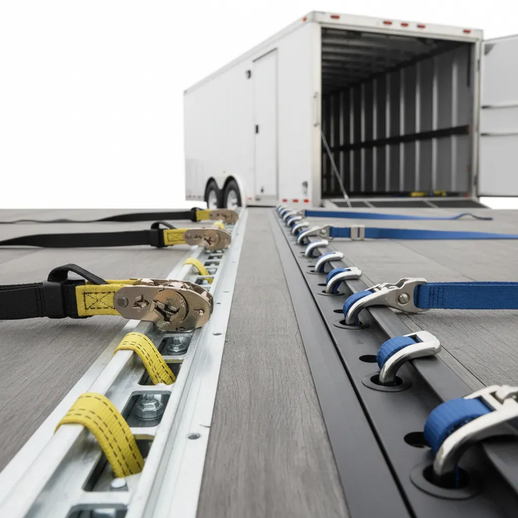 Close-up of E-Track tie-down system with straps and connectors on a trailer floor.