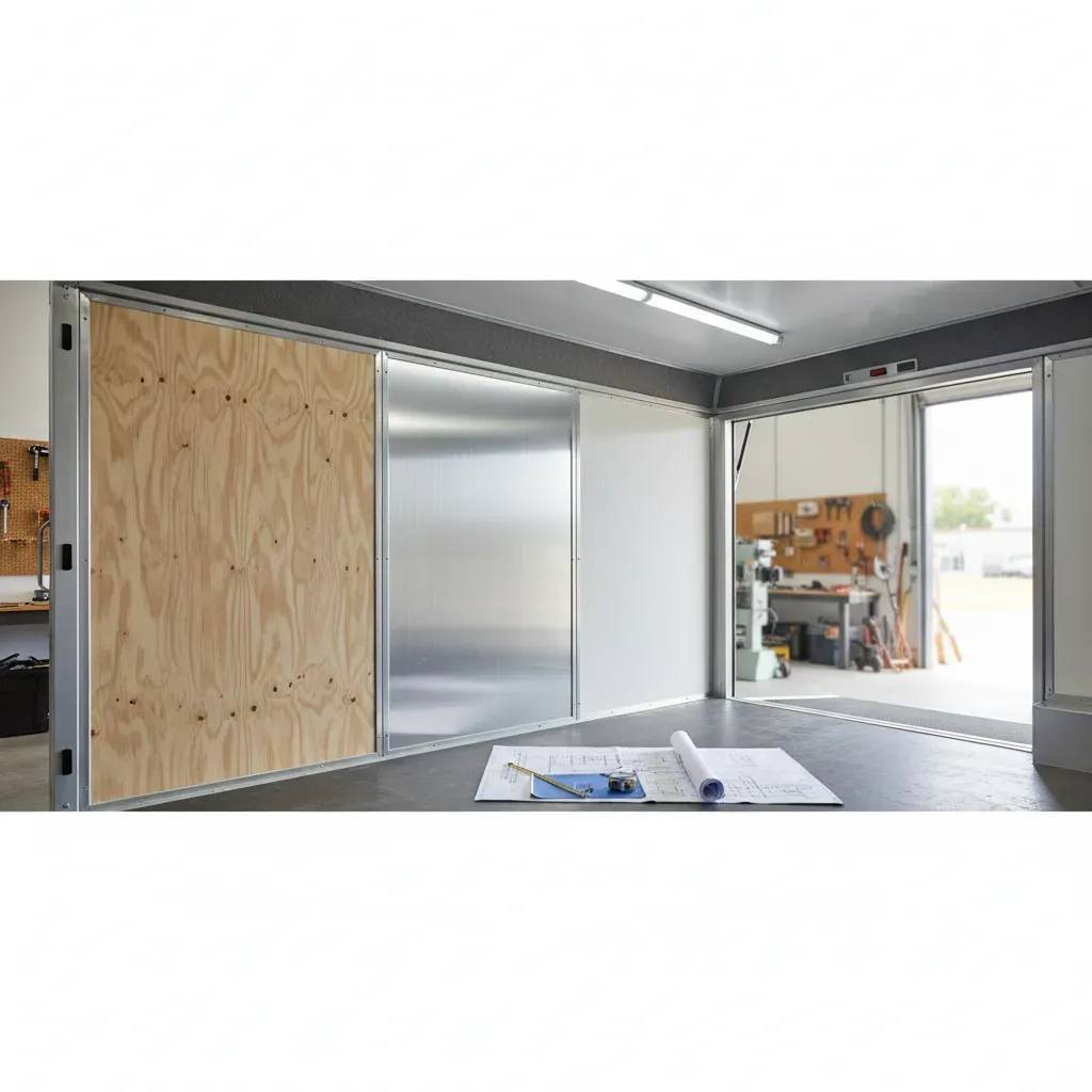 Interior view of an enclosed trailer showing plywood and aluminum wall sections.